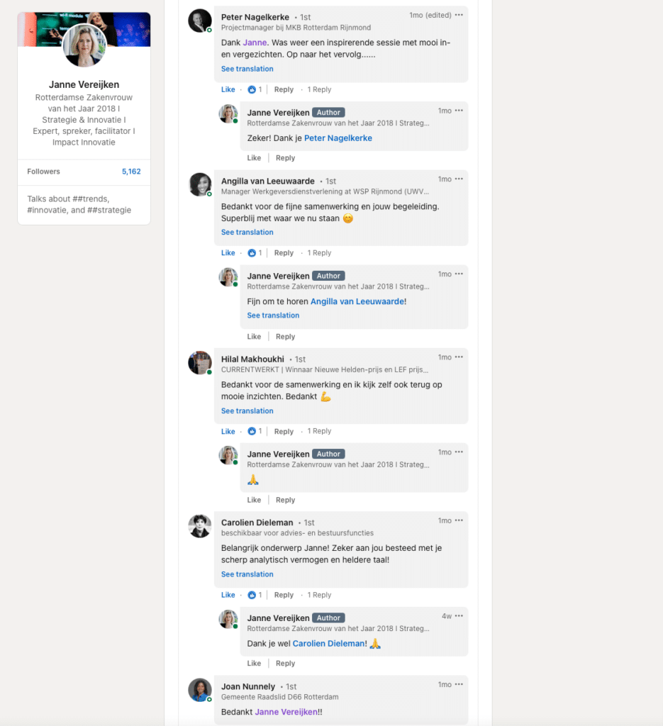 Comments op LinkedIn post over project